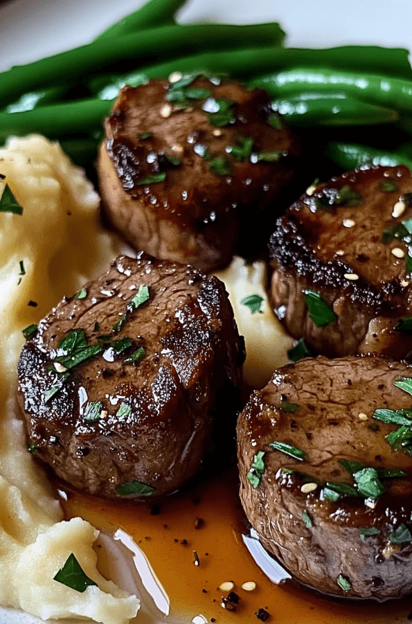 11 Garlic Butter Steak Bites with Mashed Potatoes and Green Beans