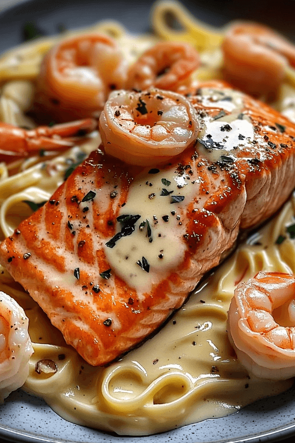 16 Salmon and Shrimp Alfredo