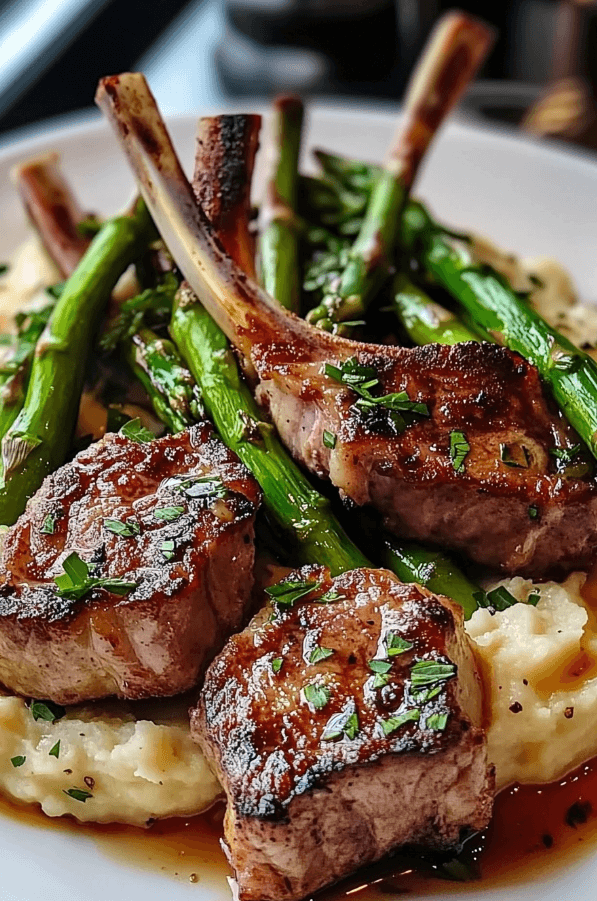 23 Lamb Chops over Lobster Mash with Asparagus