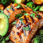 35 Grilled Salmon with Quinoa, Broccoli, and Avocado Salad