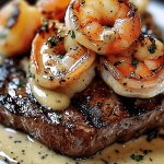 40 Succulent Steak Topped with Rich Creamy Garlic Shrimp