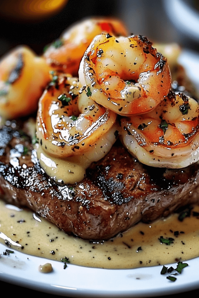 40 Succulent Steak Topped with Rich Creamy Garlic Shrimp