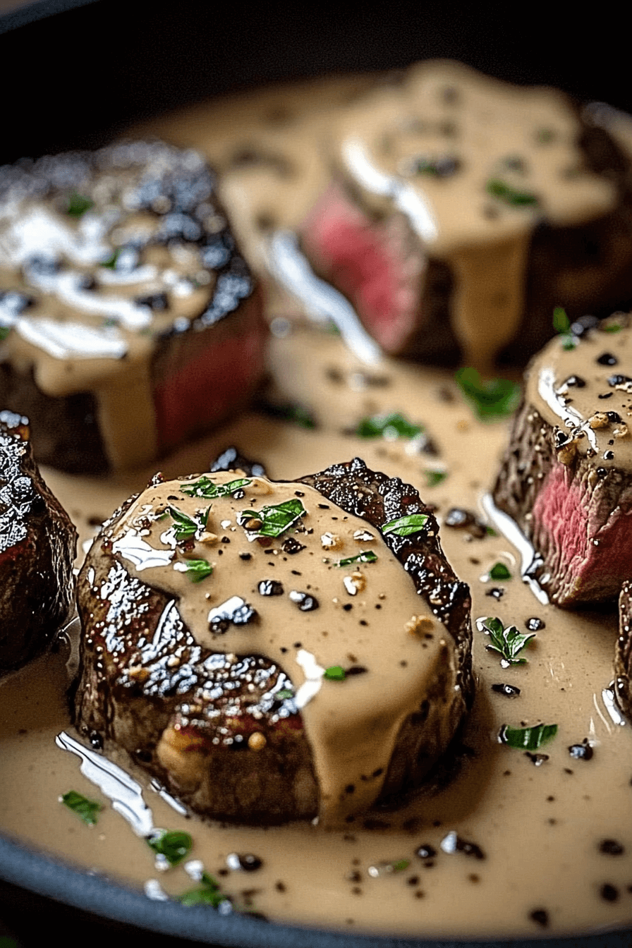 44 Juicy Skillet Steak with Peppercorn Cream Sauce