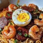 109 Spicy Noodles with Seared Kielbasa, Shrimp, and Soft-Boiled Egg