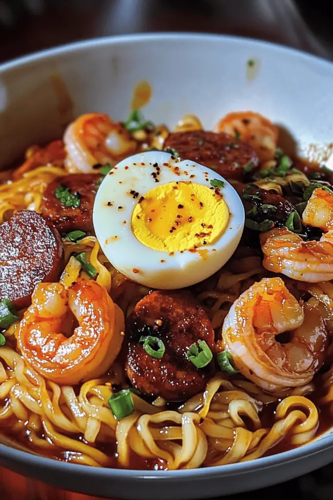 109 Spicy Noodles with Seared Kielbasa, Shrimp, and Soft-Boiled Egg