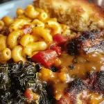 110 Smothered Chicken with Mac and Cheese, Collard Greens, and Cornbread