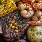 112 T-Bone Steak with Jumbo Shrimp, Loaded Baked Potato, and Fresh Corn on the Cob