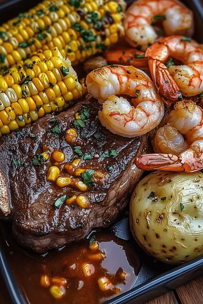 112 T-Bone Steak with Jumbo Shrimp, Loaded Baked Potato, and Fresh Corn on the Cob